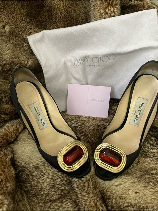 Jimmy Choo Shoes - Jimmy Choo Black Satin Pumps with Gold & Red Embellishment